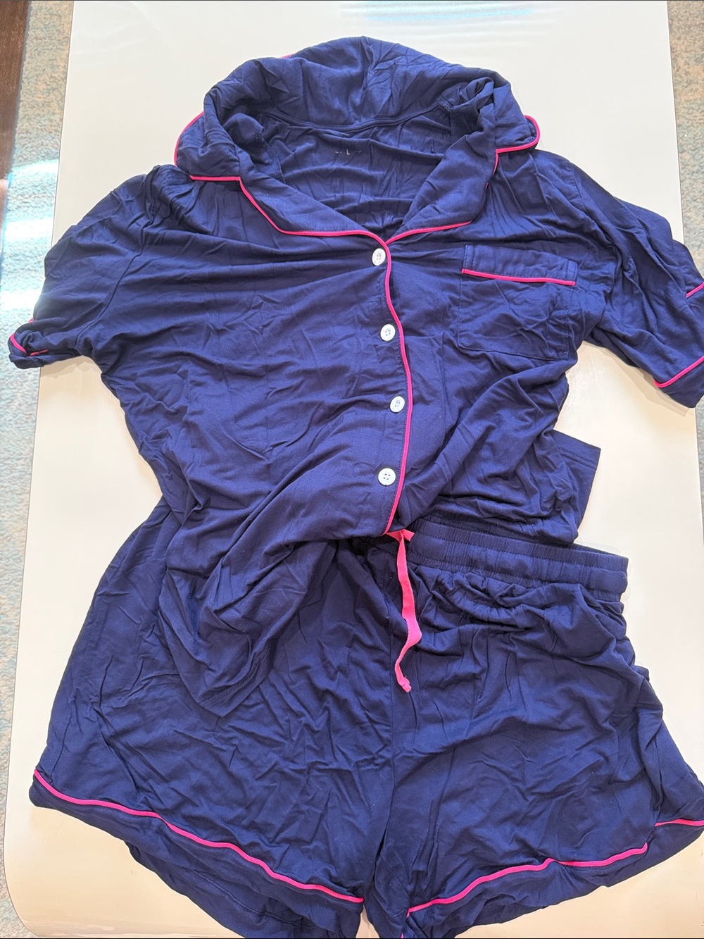 Navy Blue Short Sleeve Pajama Set with Pink Trim